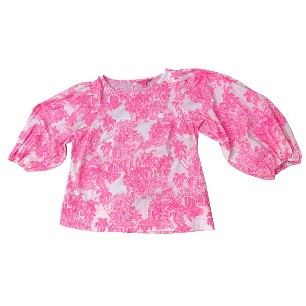 Lilly Pulitzer Vibrant Pink Blouse with Puff Sleeves - Picture 2 of 9